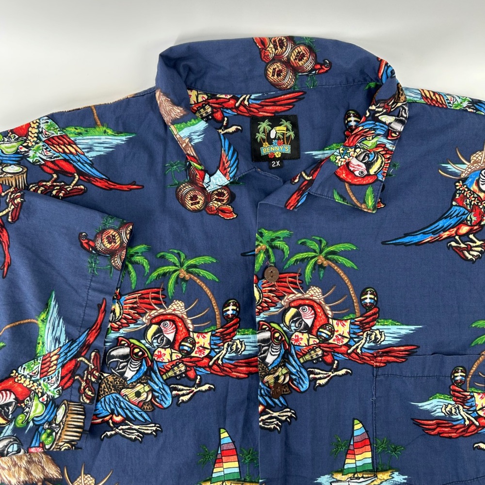 Benny's Button Down Shirt Mens 2X Navy Blue Tropical Parrot Tiki Aloha Beach